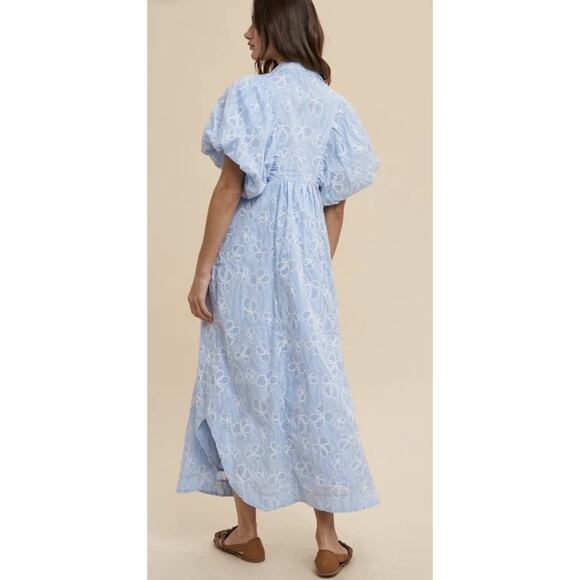 ANNIE WEAR Pale Blue Floral Smocked Puff Sleeve Button Shirt Midi Dress Sz L NWT - Picture 3 of 16